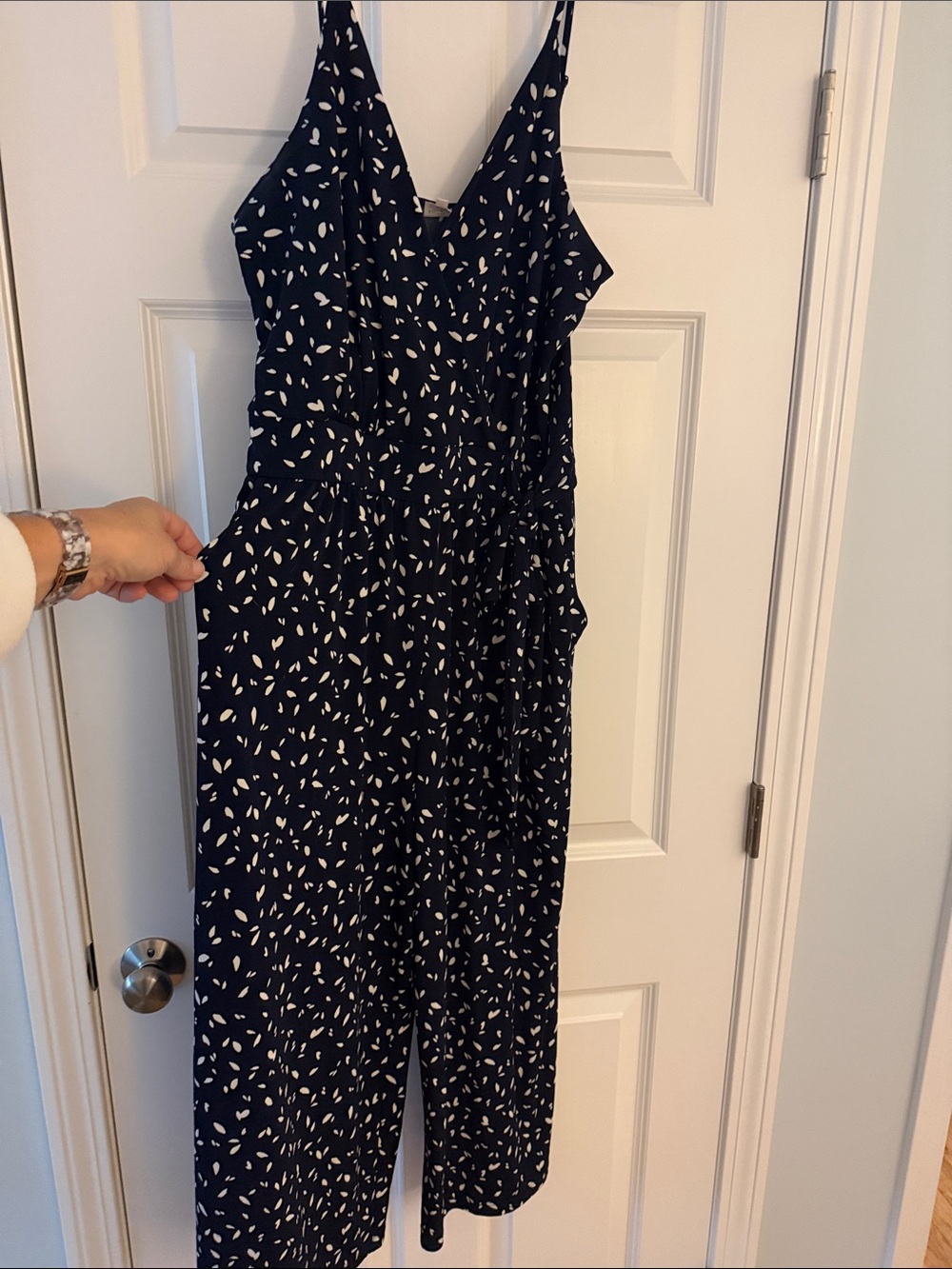 Kaileigh Navy and White Spotted V-Neck Jumpsuit